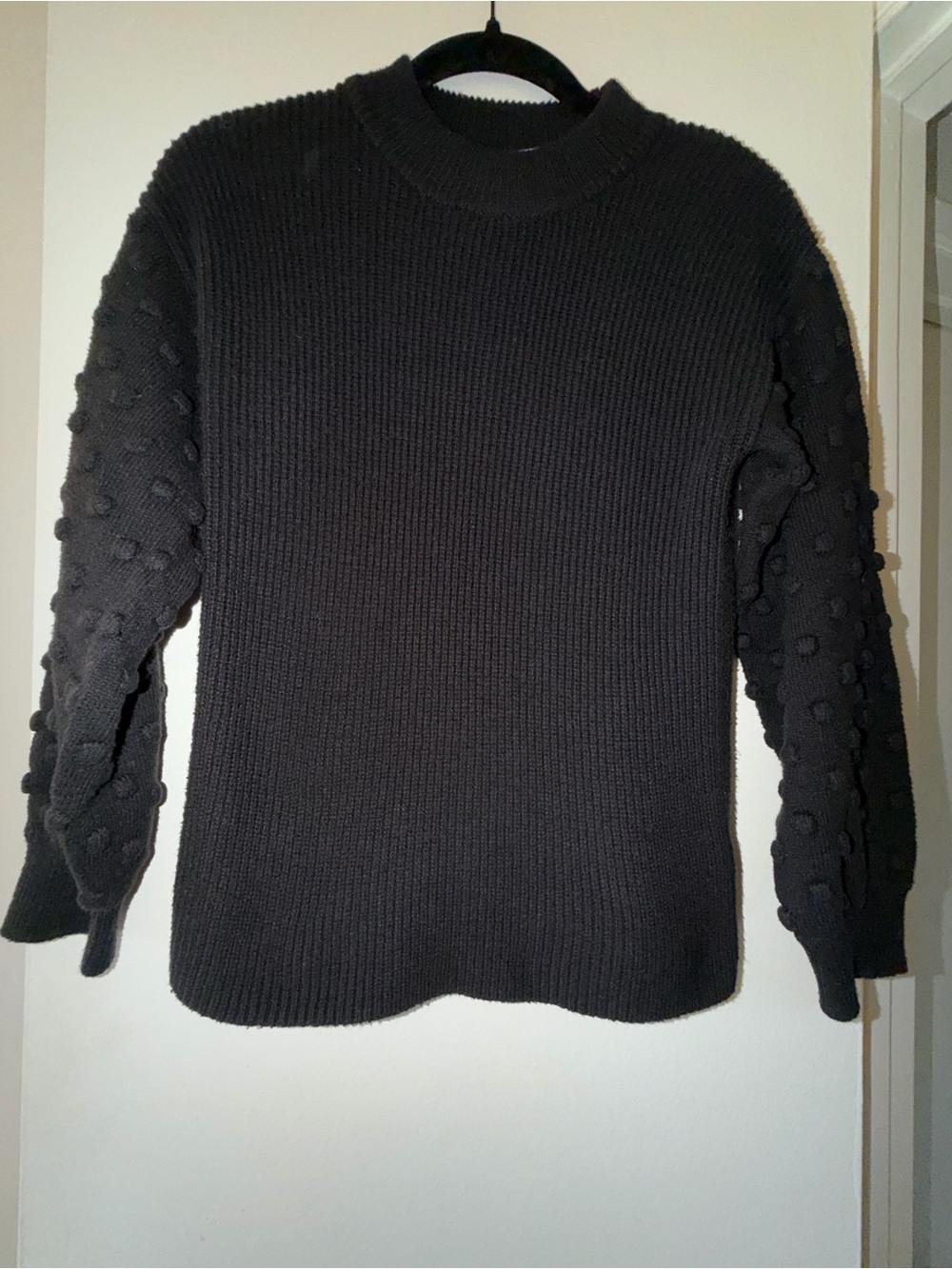 CeCe Woman’s Crewneck Black Pom-Pom Sleeve Sweater - Medium